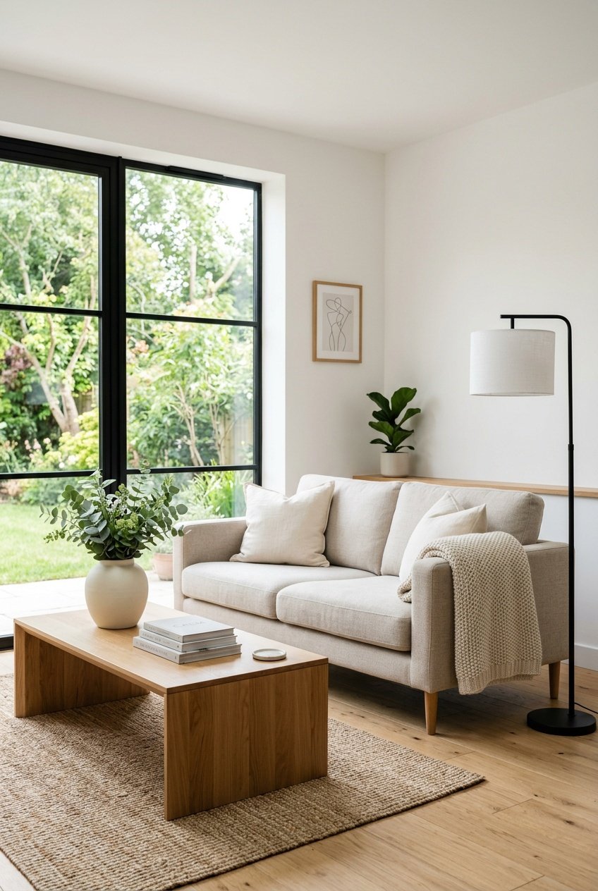 A bright living room with a modern sofa, wooden coffee table, floor lamp, and a vase with greenery, featuring natural light and a clean, uncluttered space.