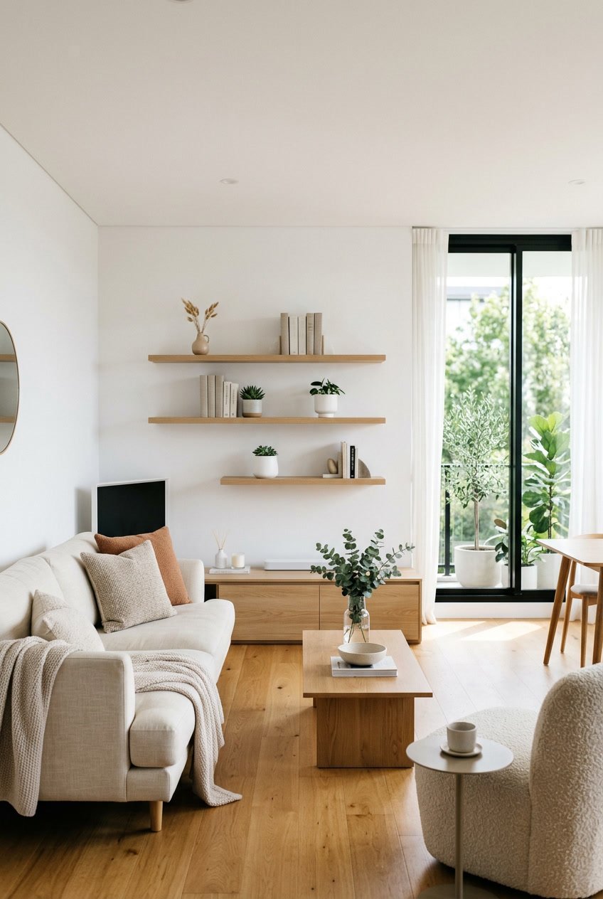 A tidy living room with floating shelves holding plants and books, bright natural light, and minimal decor.