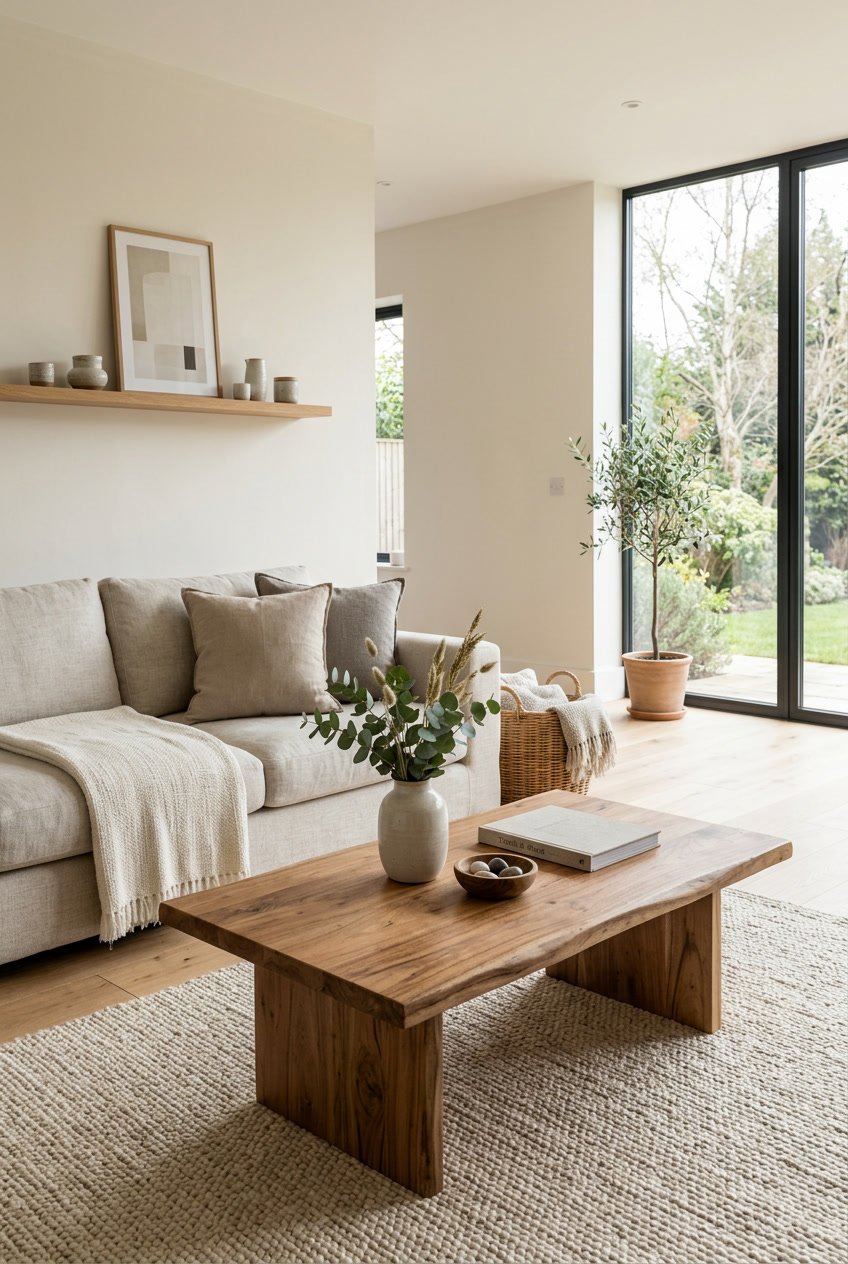 A living room with a wooden coffee table, a linen sofa, and natural light coming through large windows.