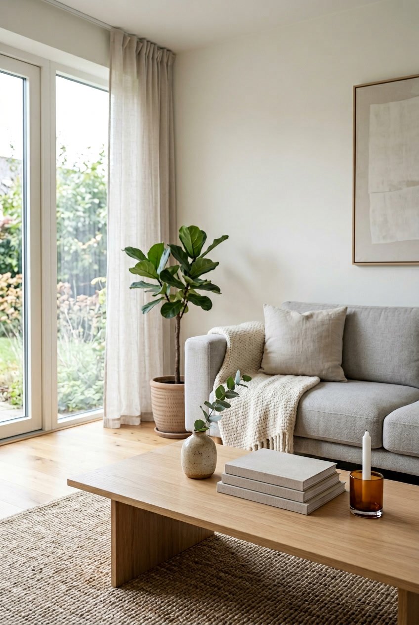 A living room with a wooden coffee table holding a small vase with a green branch, a stack of books, and a candle, next to a gray sofa with a throw blanket, illuminated by natural light from a window.