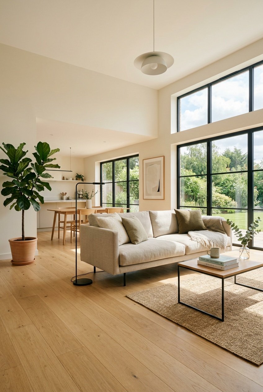 A bright living room with minimal furniture, large windows, and an open floor space.