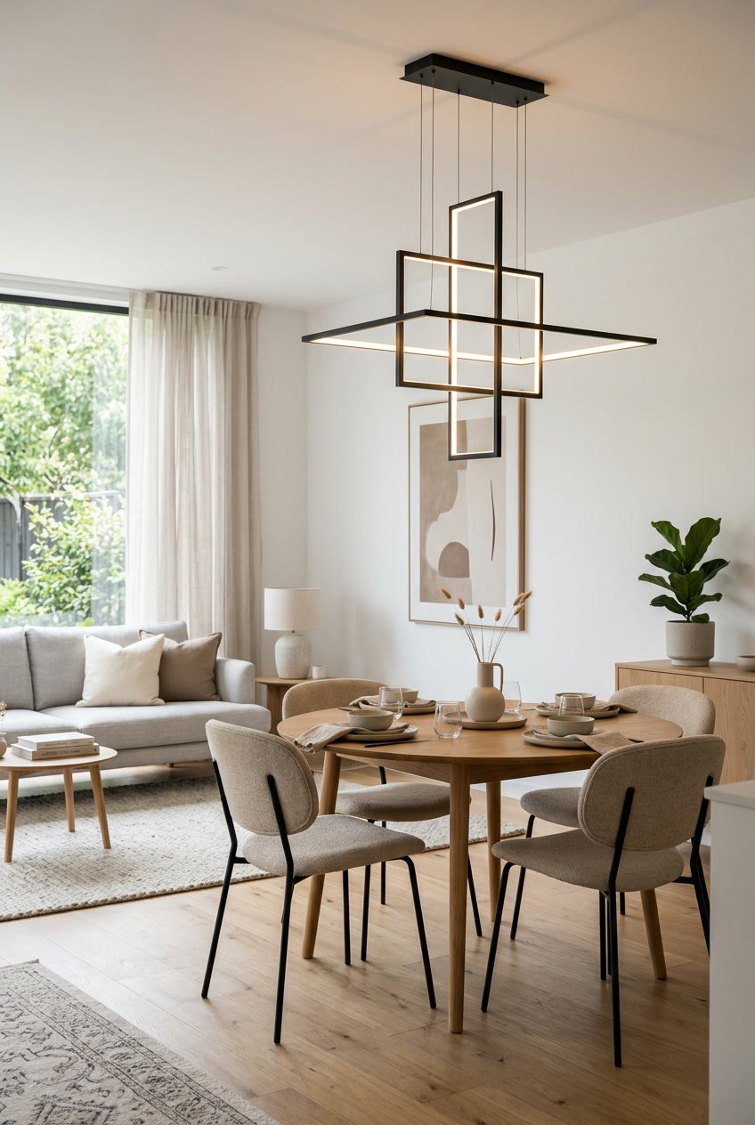 A bright interior room with minimalist lighting fixtures and simple furniture.