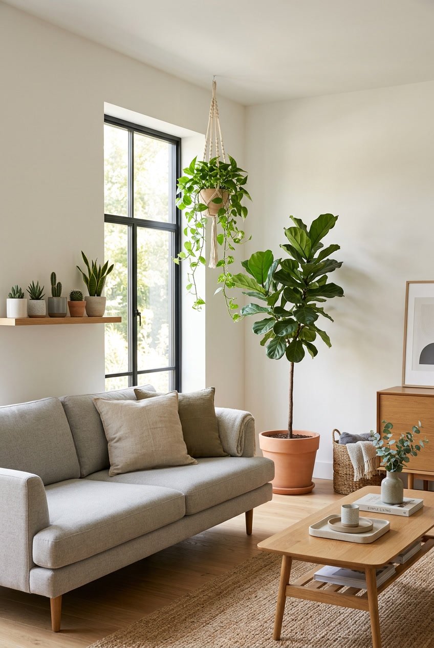 A bright living room with simple furniture and several indoor plants placed around the space.