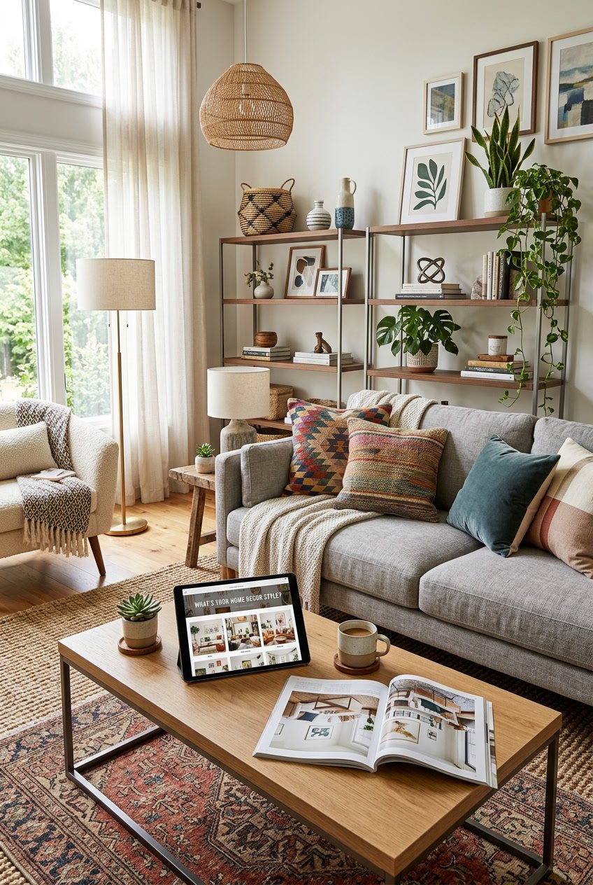 A cozy living room with a sofa, coffee table holding a tablet and magazines, surrounded by decorative items and plants, illuminated by natural light.