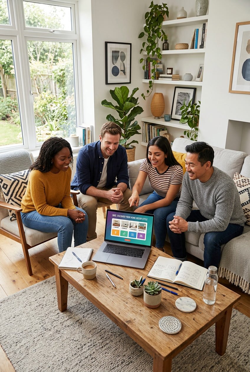 Four adults sitting around a coffee table in a bright living room, engaging with a laptop and papers in a comfortable home setting.