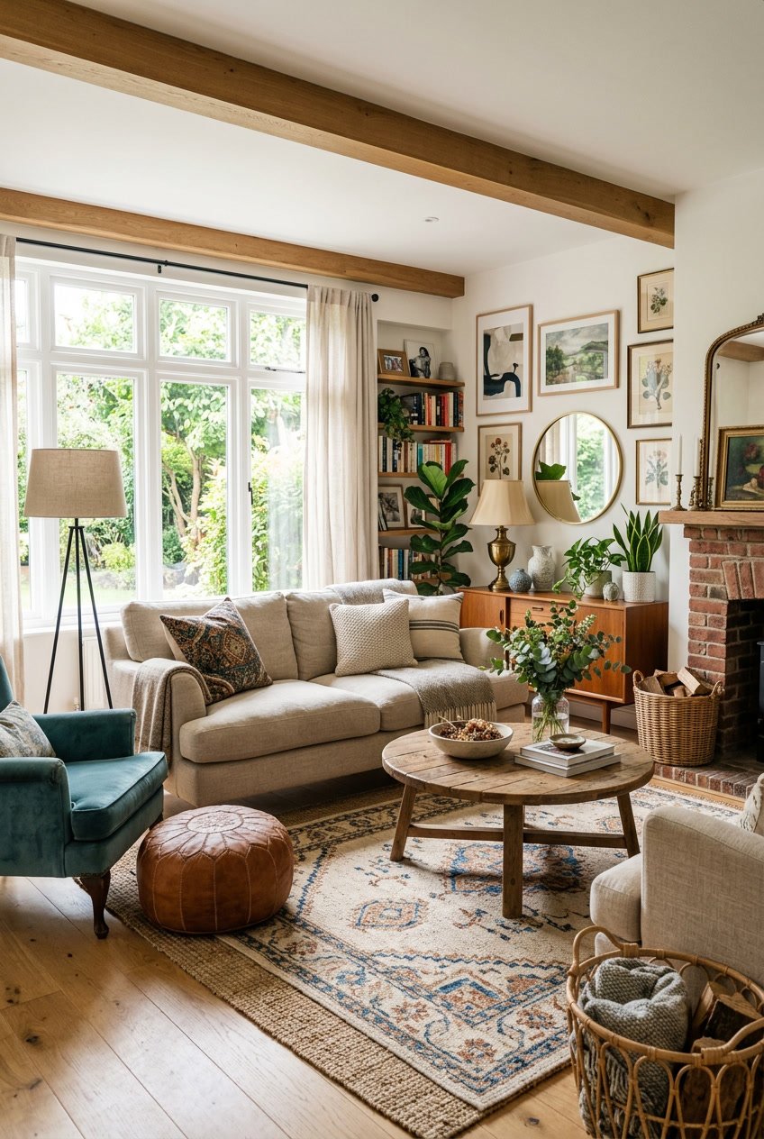 A bright living room with comfortable seating, plants, wooden furniture, and decorative accessories arranged in a warm and stylish setting.
