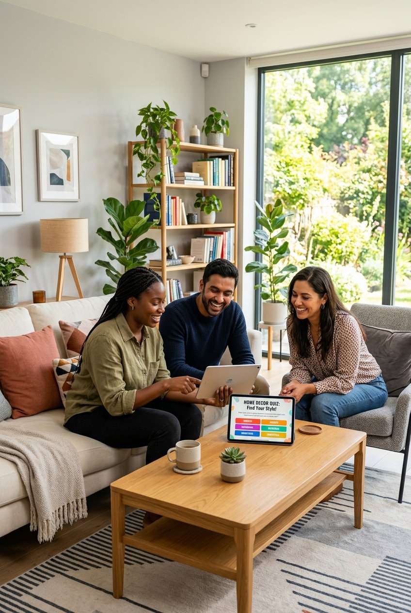 Three adults sitting in a living room, engaging with a tablet while surrounded by home decor items.
