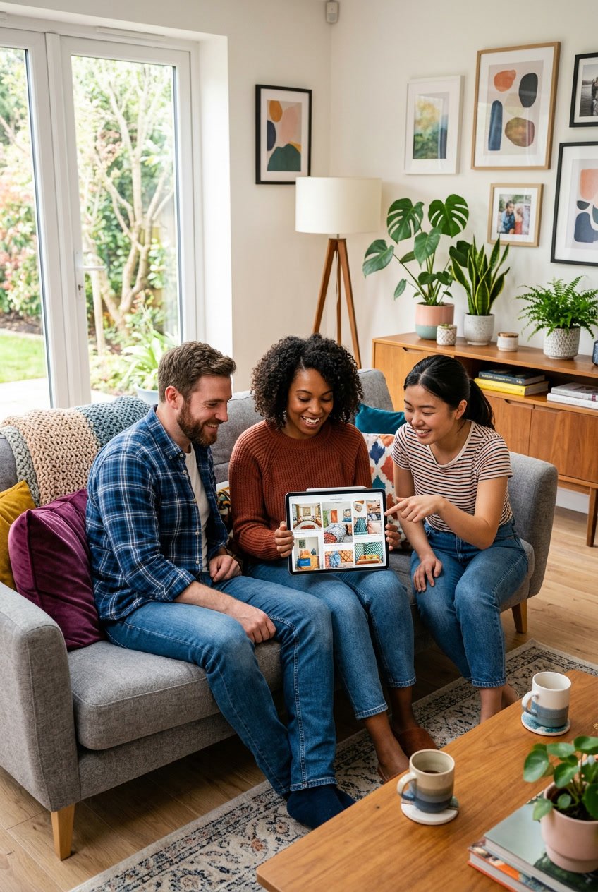 Three adults sitting on a sofa in a well-lit living room, looking at a tablet together surrounded by home furnishings and plants.