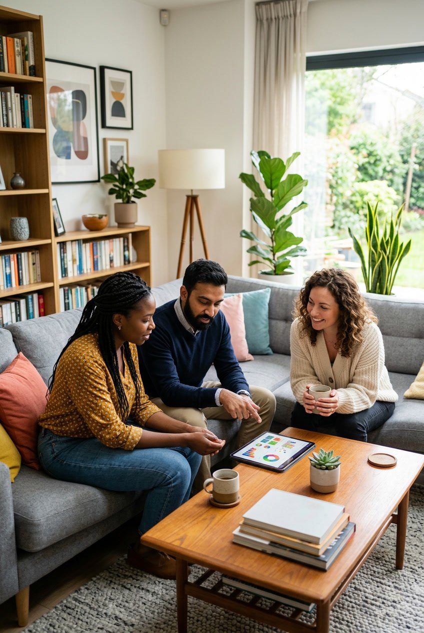 Three adults sitting around a coffee table in a bright, modern living room, looking at a tablet together.