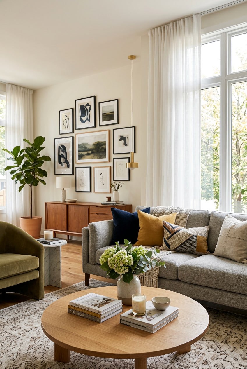Bright and modern living room with a sofa, coffee table, and decorative items in natural light.