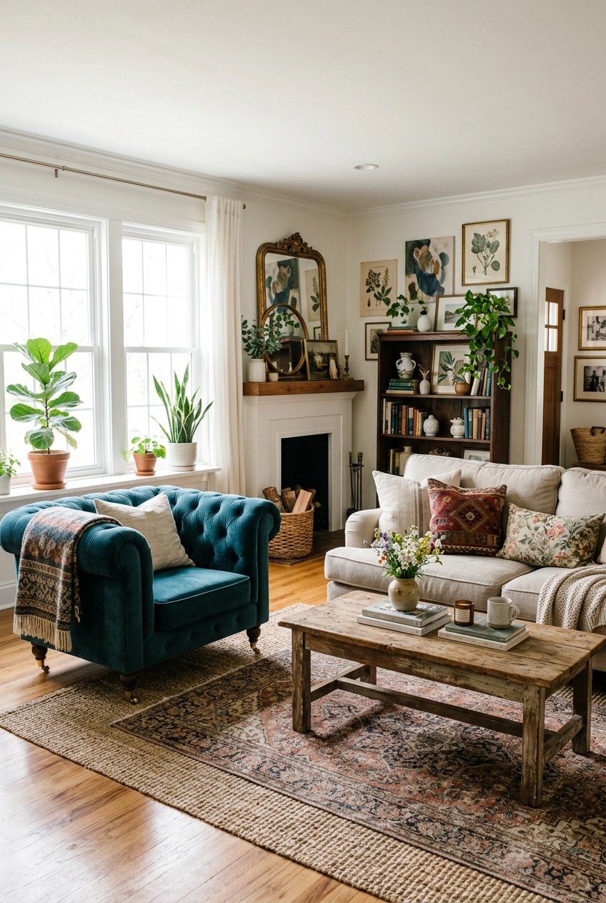 A well-lit living room with a mix of comfortable furniture, decorative plants, and artwork creating a warm and inviting atmosphere.