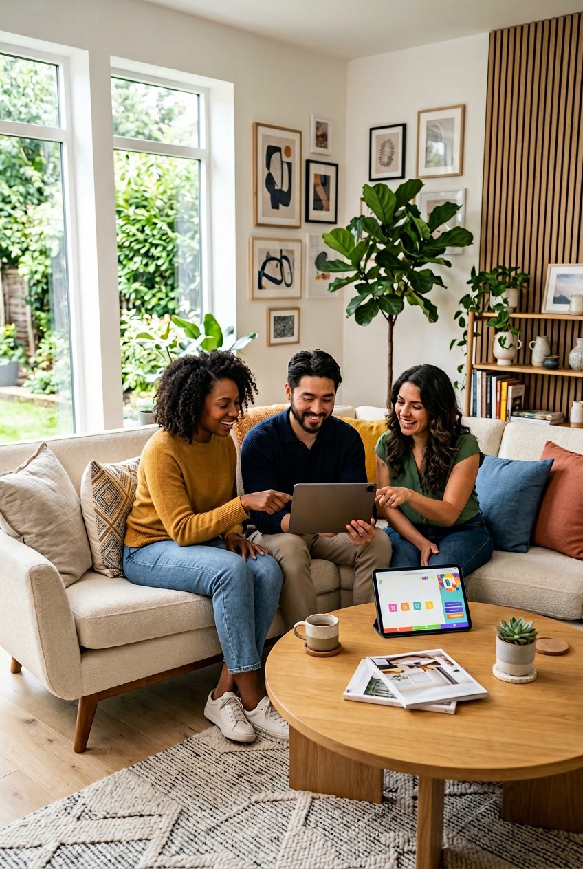 Three adults sitting in a bright living room, interacting with a tablet on a coffee table surrounded by home decor items.