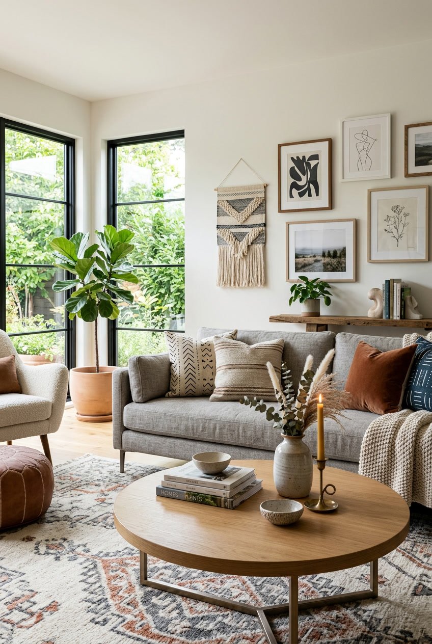 A well-lit living room with a sofa, coffee table, decorative items, and large windows letting in natural light.