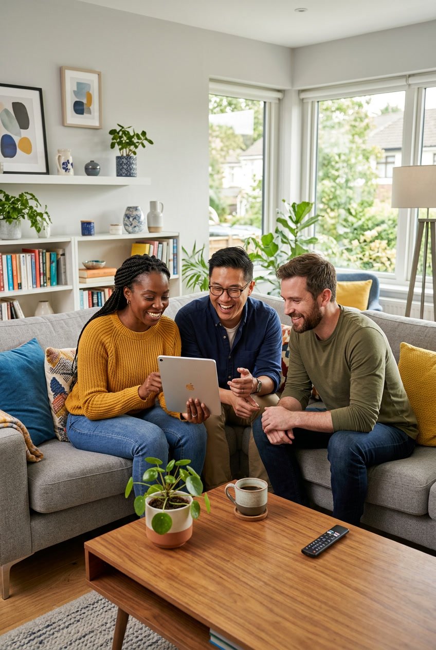Three adults sitting in a bright living room looking at a tablet together, surrounded by home furnishings and natural light.