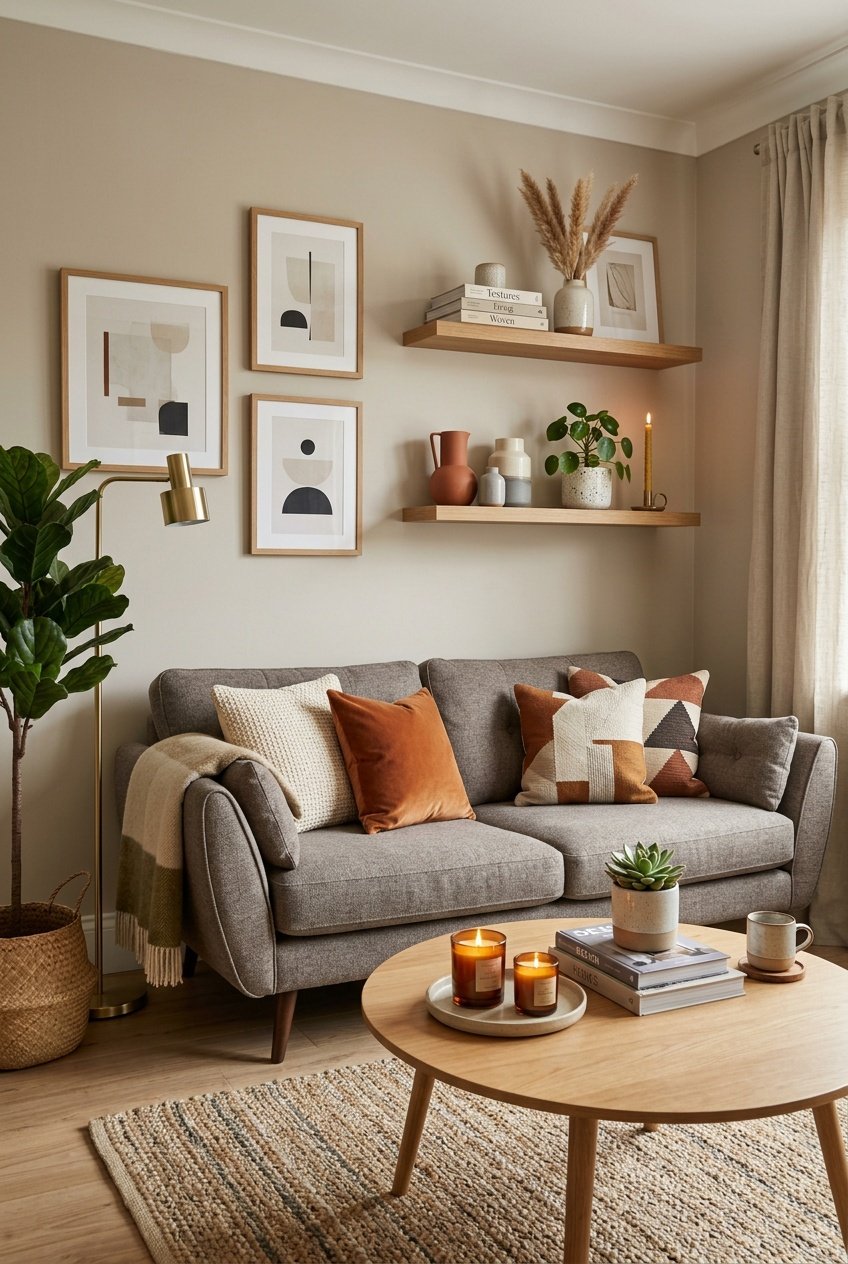A living room corner with a sofa, coffee table, wall art, and decorative shelves filled with plants and ornaments.