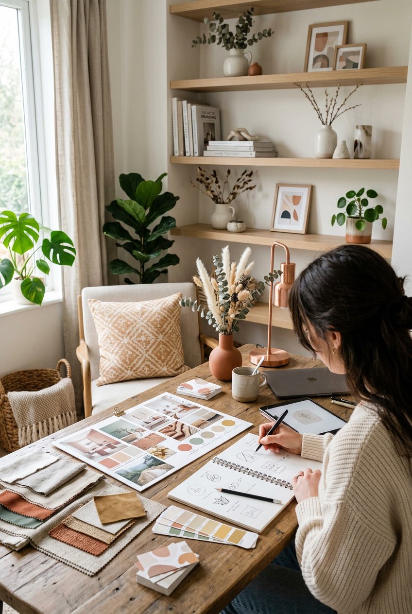 A workspace with branding materials and home decor items arranged on a desk in a bright, organized room.