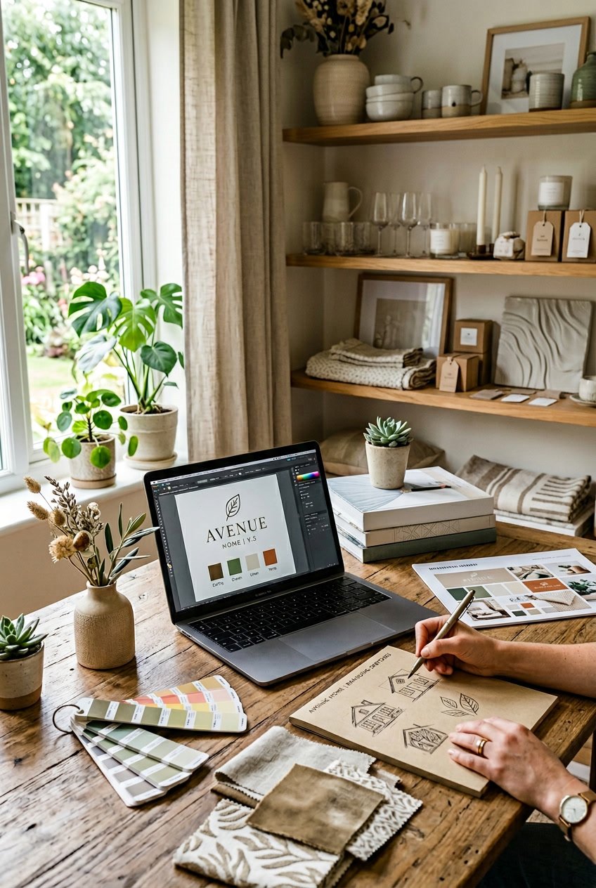 A workspace with a laptop, color swatches, fabric samples, and home decor items, showing hands sketching logo ideas.