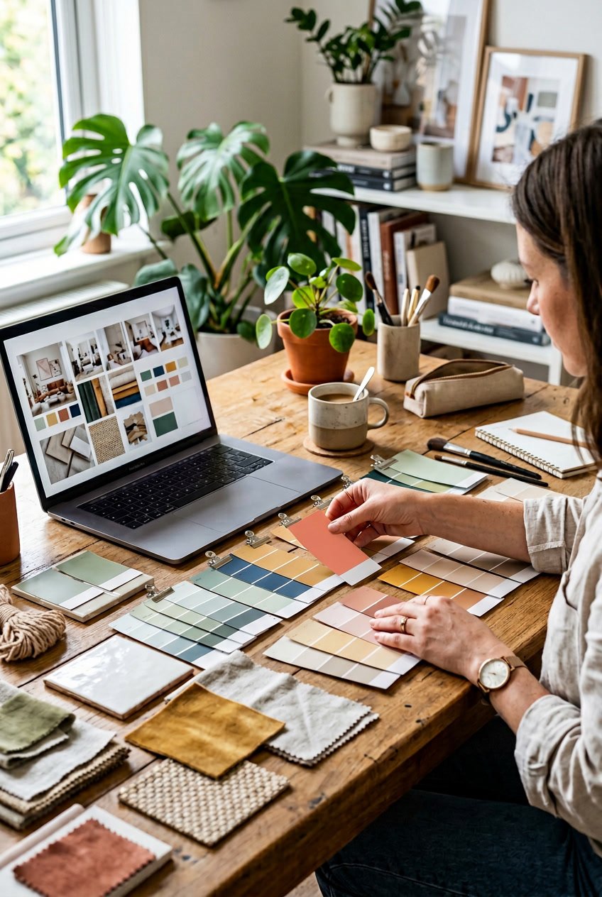 A workspace with color swatches, fabric samples, and a laptop showing home decor images, with a person selecting colors.