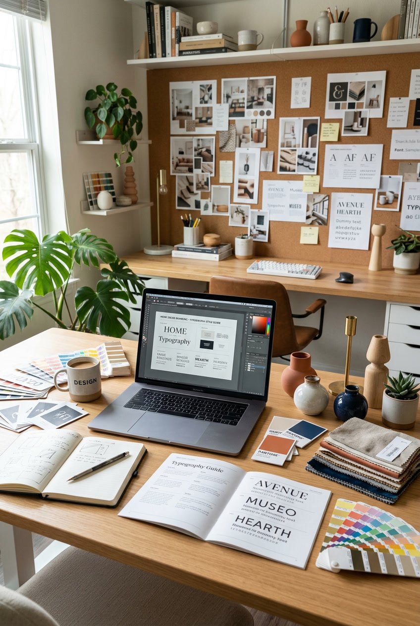A workspace with a laptop, typography samples, color swatches, and home decor items arranged on a desk with natural lighting.