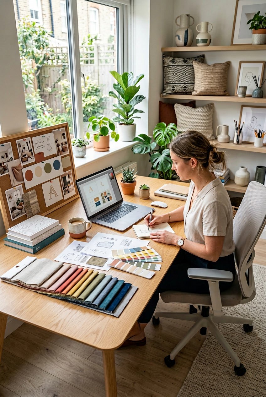 A workspace with a laptop, color swatches, fabric samples, and home decor items like vases and cushions on a desk near a window.