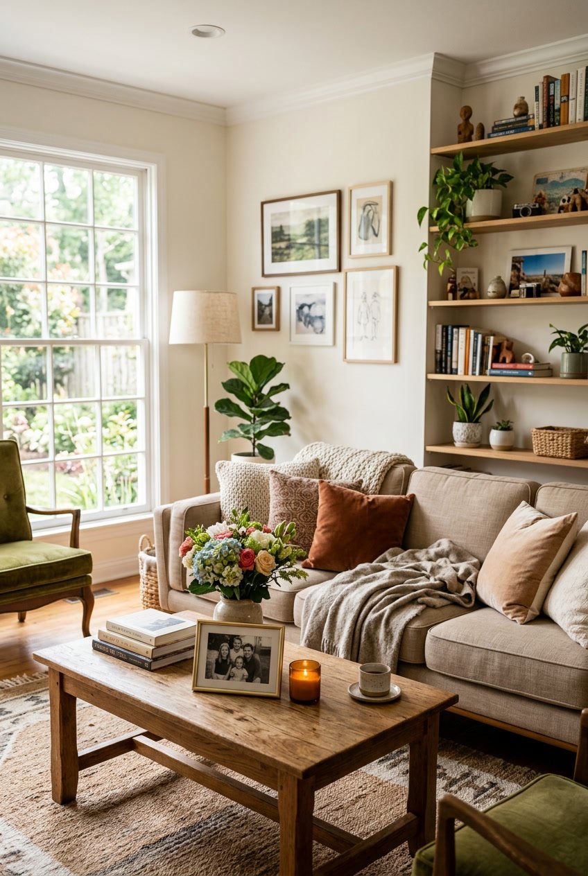 A cozy living room with a sofa, coffee table with family photos and books, fresh flowers, and warm natural light coming through large windows.