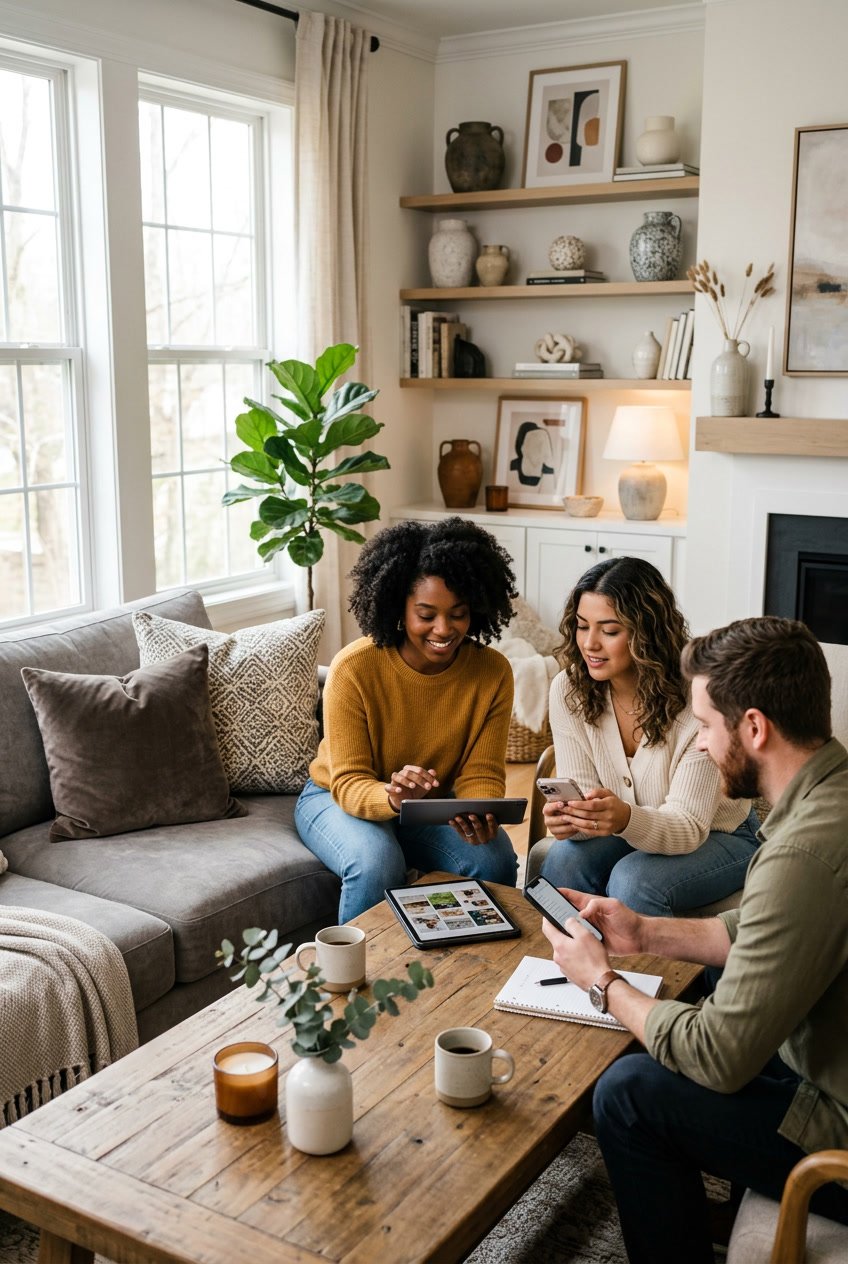 Three people discussing home decor ideas in a modern living room filled with stylish decorations and natural light.