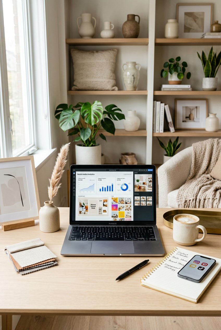 A workspace with a laptop showing social media content, surrounded by home decor items, a smartphone, notebook, and coffee cup on a desk with shelves of decor products in the background.