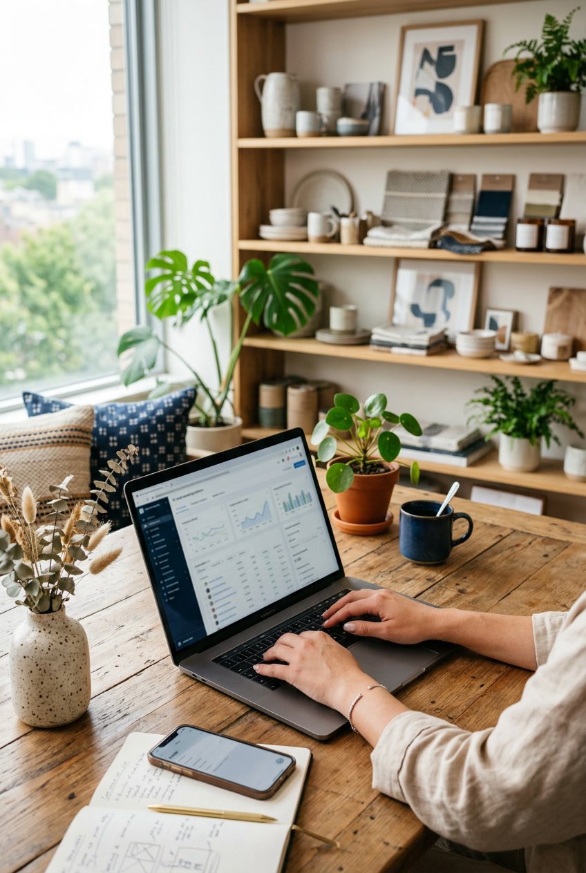A workspace with a laptop, home decor items, and a person typing on the keyboard.
