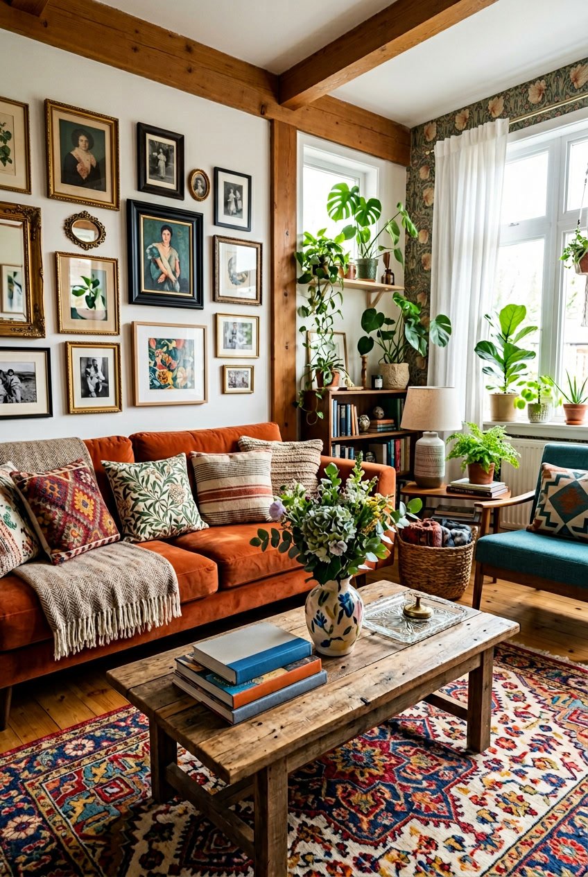 A living room with a sofa, coffee table, armchair, patterned rug, framed artworks on the walls, and plants, all arranged in a cozy and colorful setting.