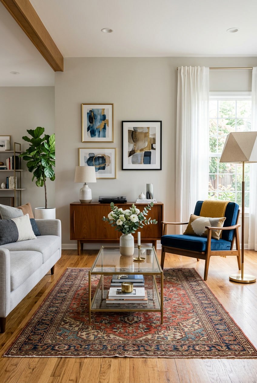 A living room with a wooden armchair, glass coffee table, floor lamp, patterned rug, and decorative items arranged near large windows with sheer curtains.
