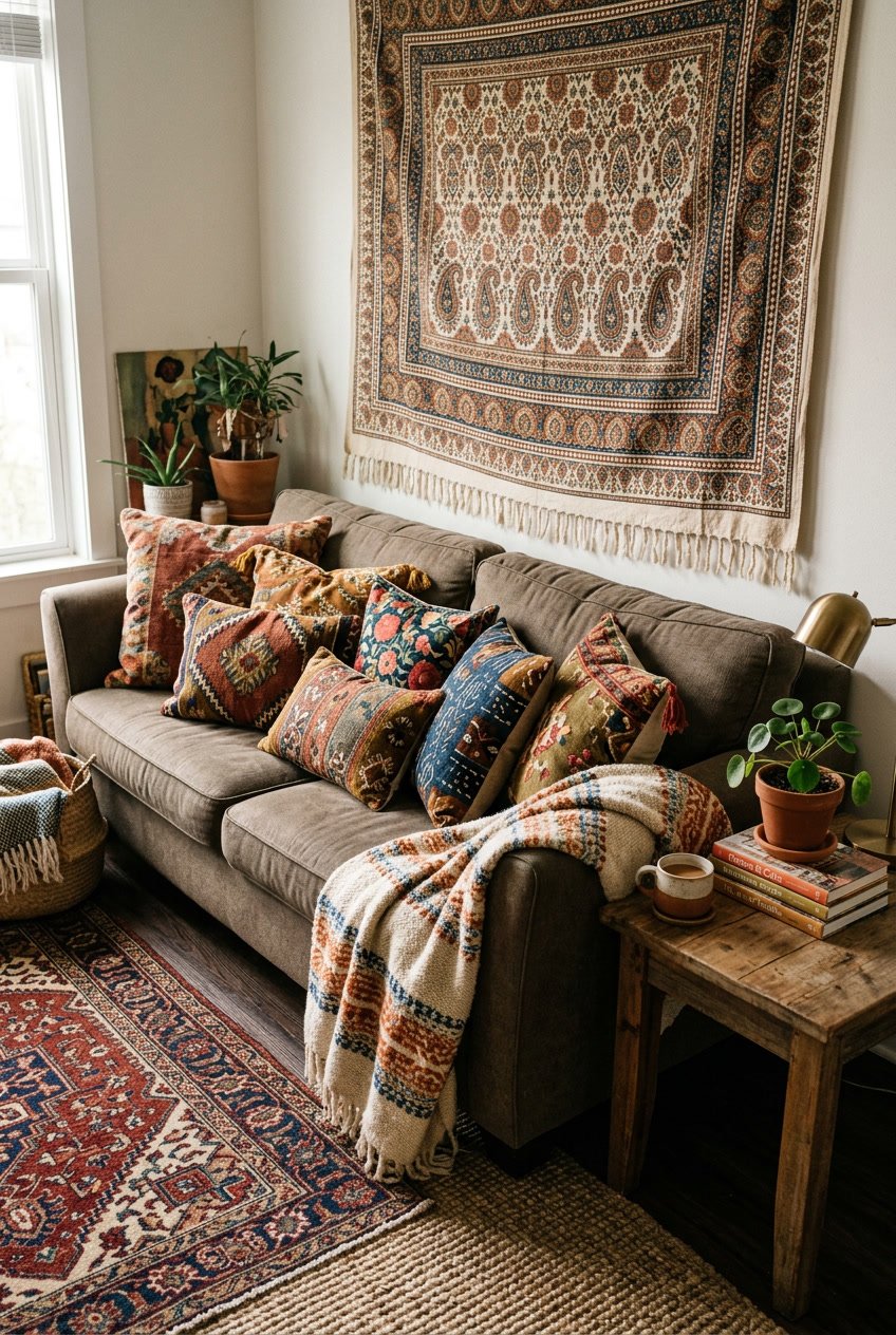 A cozy living room corner with a sofa layered with various patterned pillows and a woven blanket, a patterned wall hanging behind, and a small side table with a plant and books.