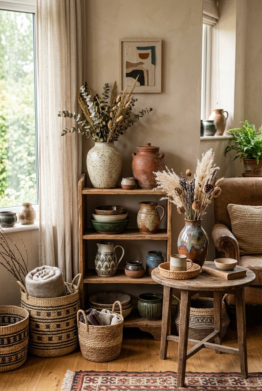 A cozy living room corner with handmade pottery and woven baskets arranged on wooden shelves and a side table.