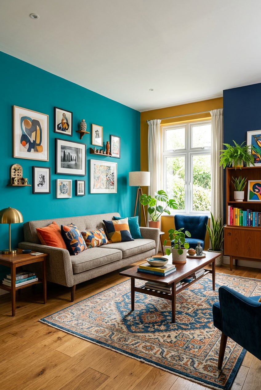 A living room with bold colored walls, a sofa with patterned cushions, a wooden coffee table with decorations, and natural light coming through large windows.