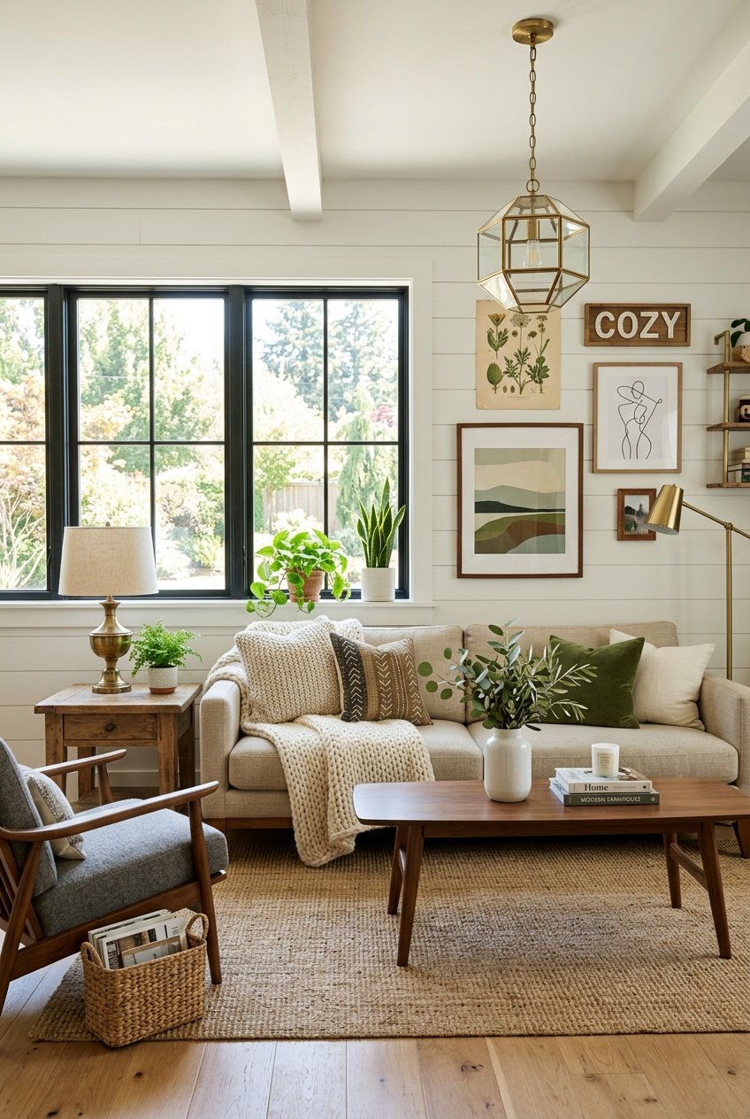 A living room with wooden furniture, a cozy sofa with pillows and a blanket, a coffee table with a vase of greenery, large windows, and decorative baskets and lighting.