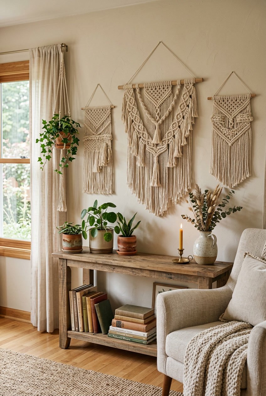 Living room corner with macrame wall hangings above a wooden console table decorated with plants, books, and vases.