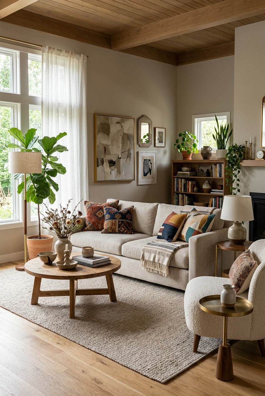 A living room with a beige sofa, colorful pillows, wooden coffee table with pottery, floor lamp, abstract wall art, plants, and natural light.