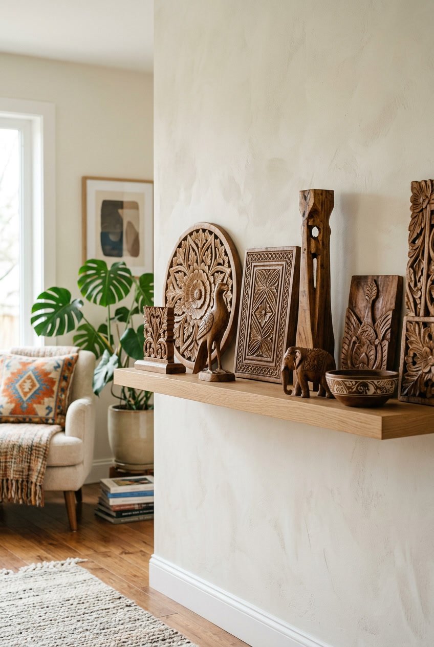 A collection of carved wooden decor pieces displayed on a shelf in a living room with plants and cushions.