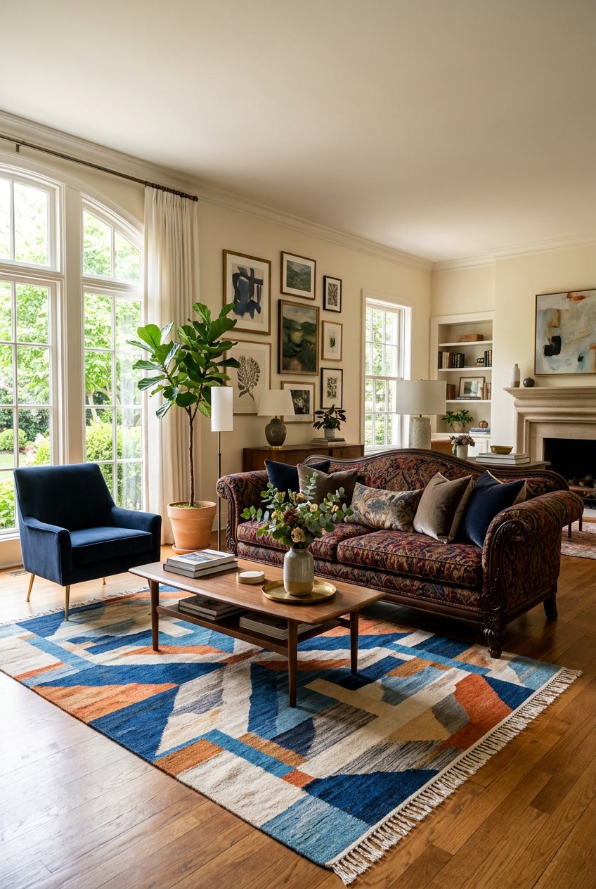 Living room with a traditional sofa and a colorful modern rug, featuring natural light and decorative plants.