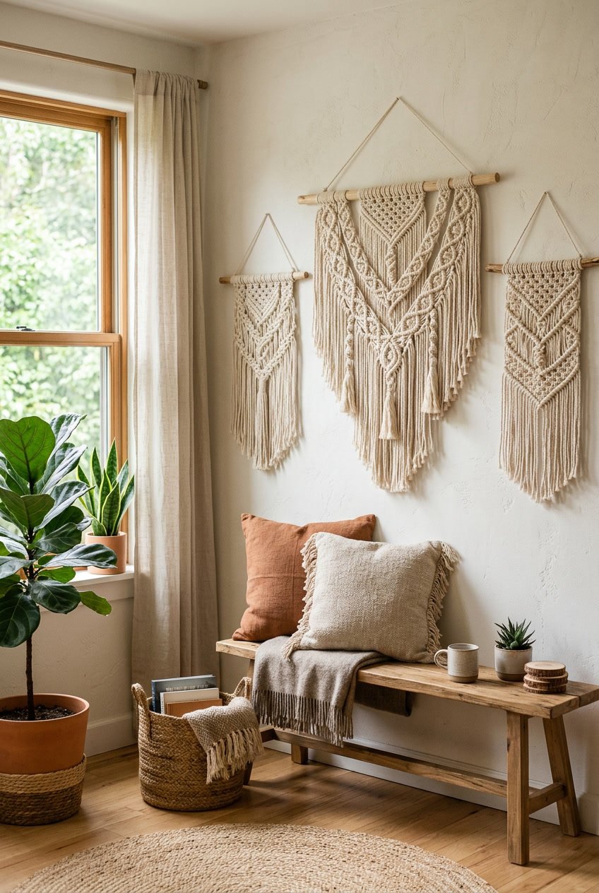 A living room corner featuring macrame wall hangings on a wall above a wooden bench with cushions and potted plants nearby.