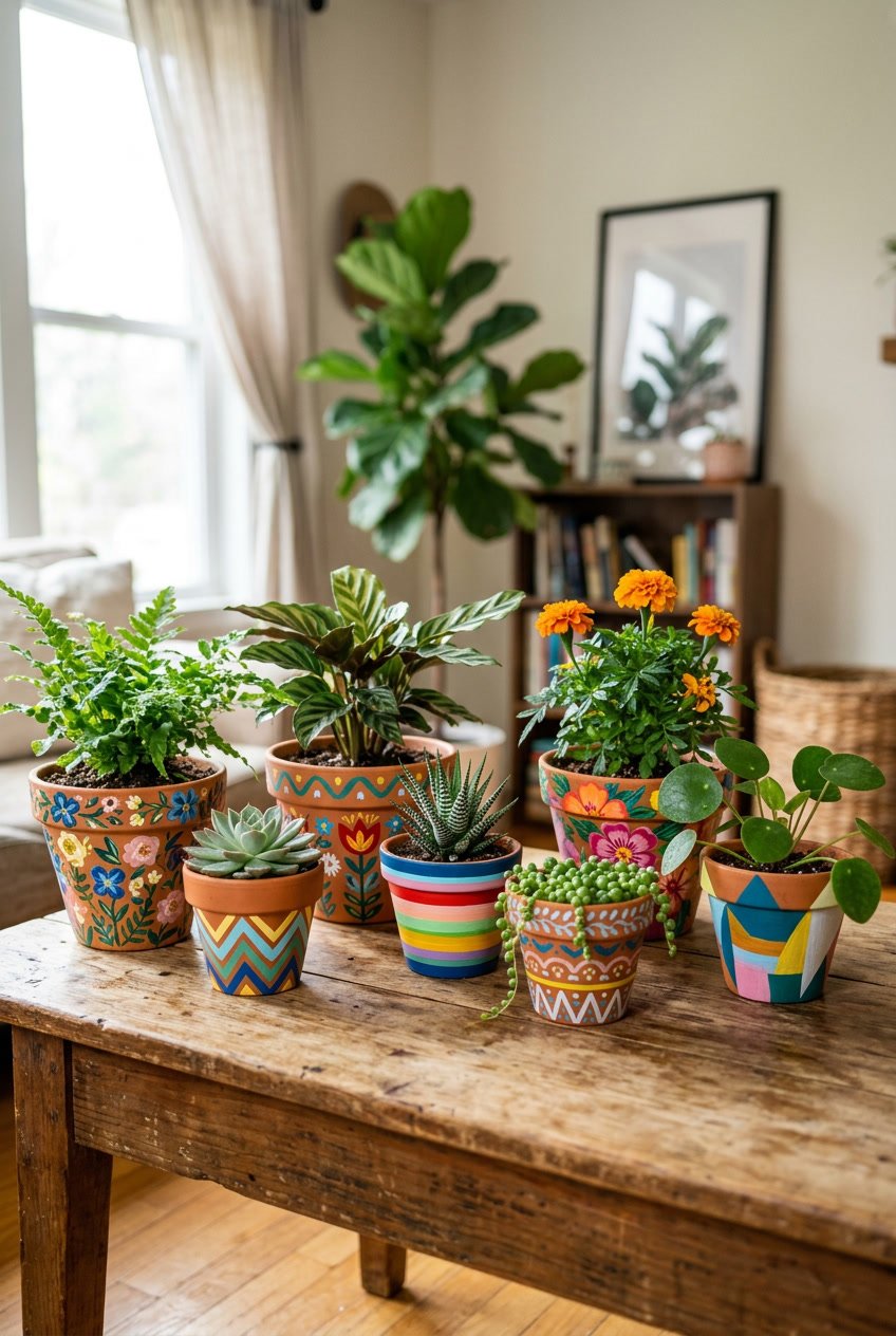 A collection of colorful painted terra cotta planters with green plants arranged on a wooden table indoors.