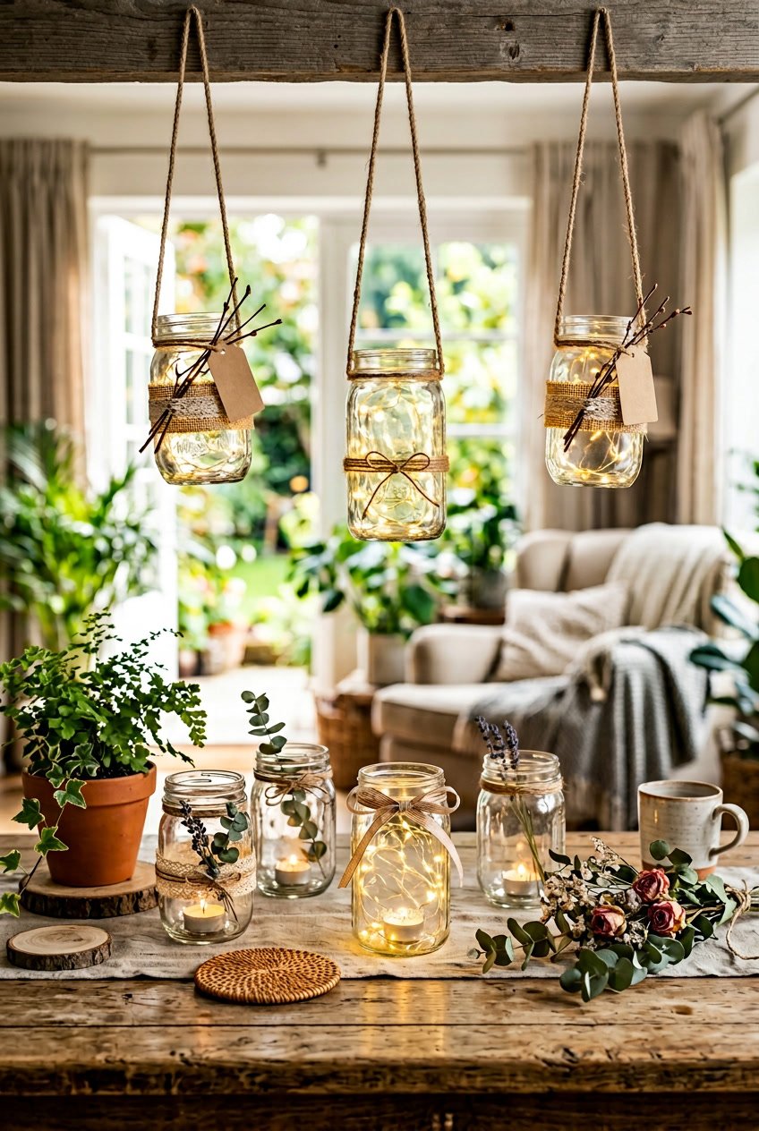 Several mason jars with glowing lights arranged on a wooden surface surrounded by greenery.