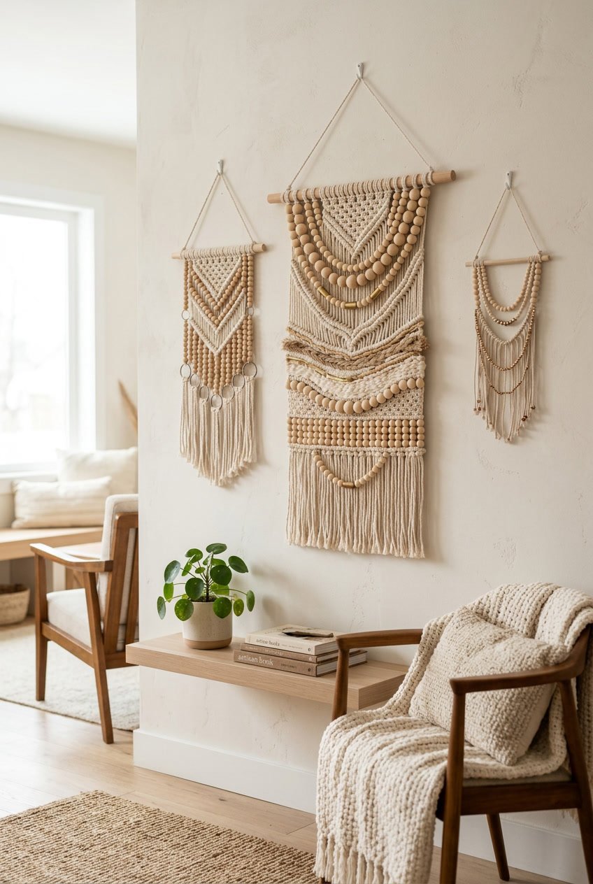Beaded wall hangings displayed on a neutral wall in a living space with a plant and a chair nearby.