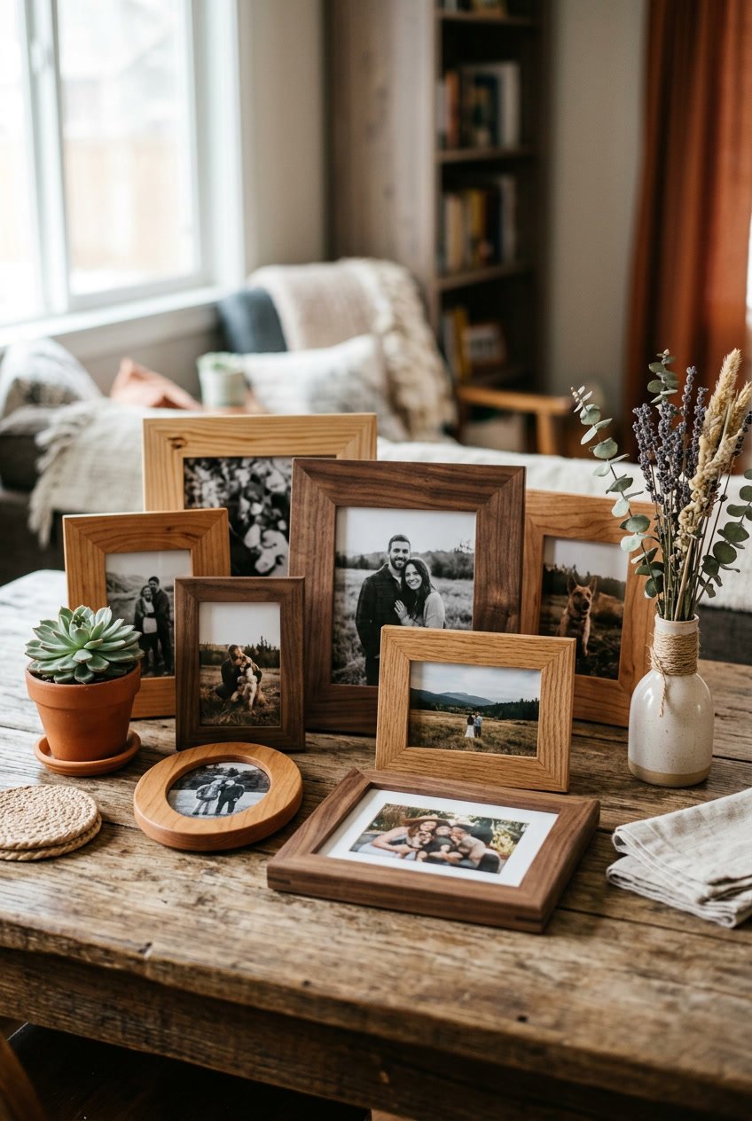 A collection of custom wooden photo frames displayed on a wooden table with plants and dried flowers nearby.