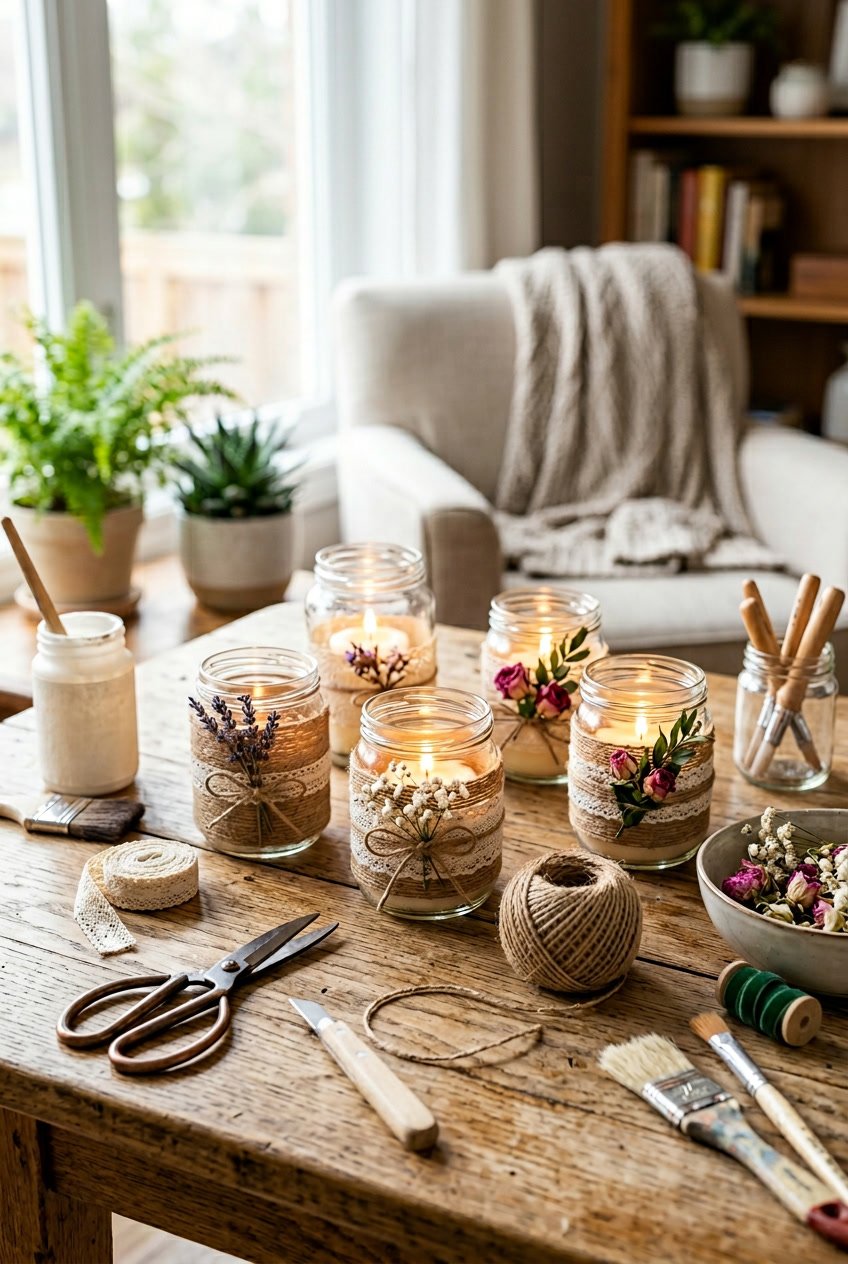 A wooden table with handmade votive candle holders glowing softly, surrounded by crafting supplies in a cozy home setting.
