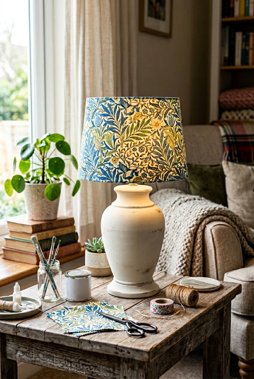 A vintage table lamp with a new lampshade and painted base sits on a wooden side table surrounded by crafting supplies in a cozy living room.