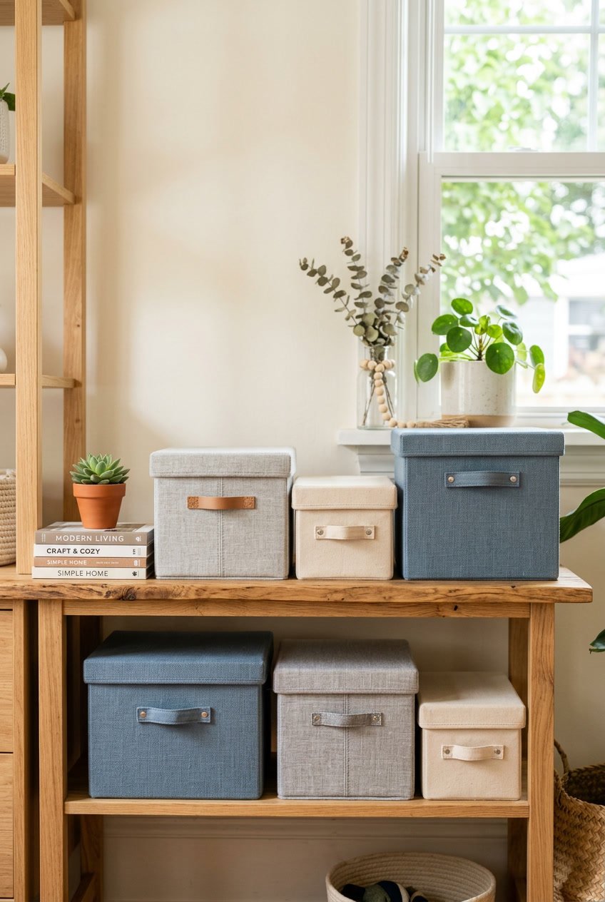Neatly arranged fabric-covered storage boxes on a wooden shelf with natural light and decorative home accessories around them.