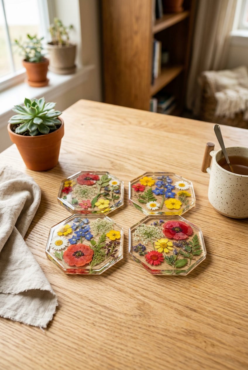 A set of pressed flower resin coasters on a wooden table with a small plant and a cup nearby.