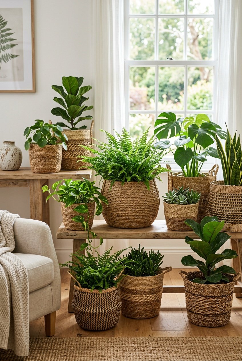 A collection of woven basket planters holding green houseplants displayed indoors with natural light.