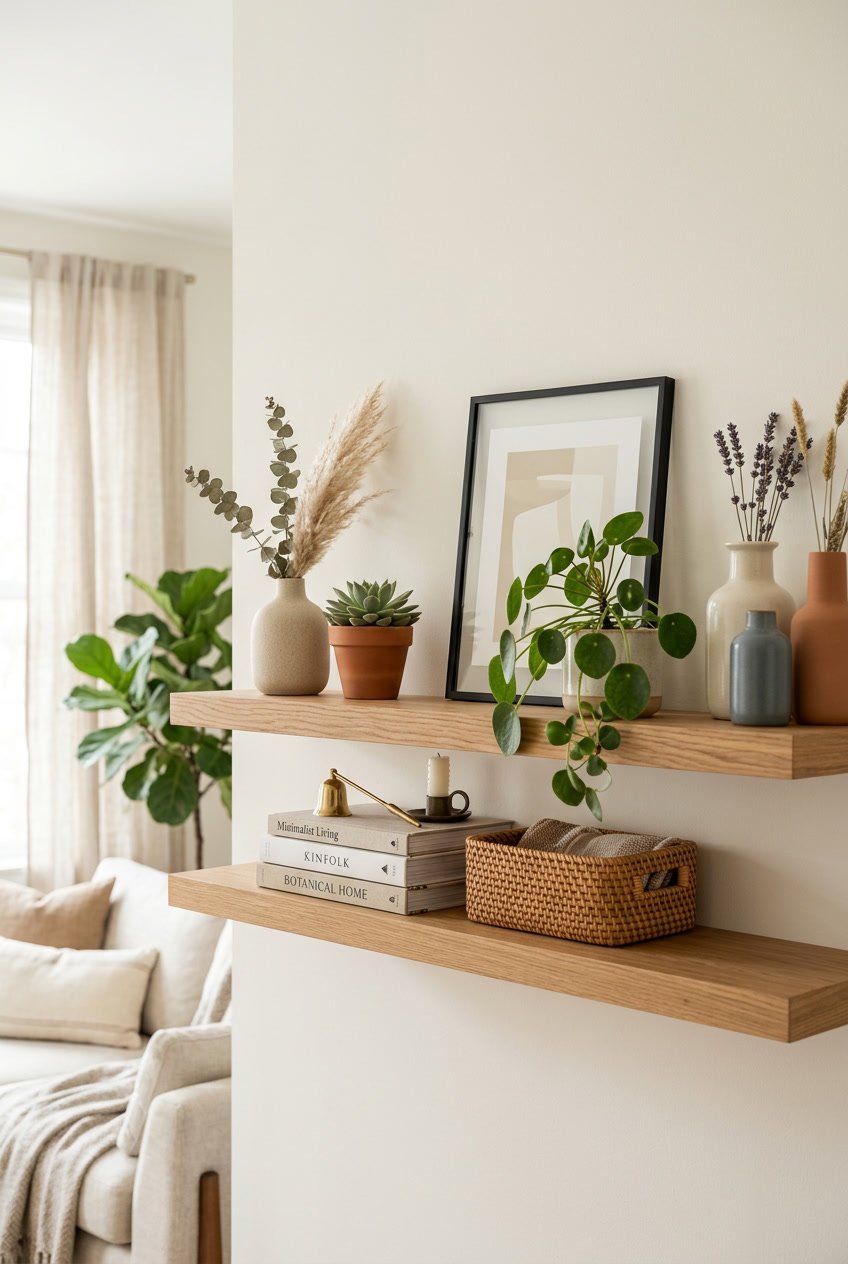 A wooden shelf displaying various home decor accessories including vases, plants, candles, baskets, and picture frames.