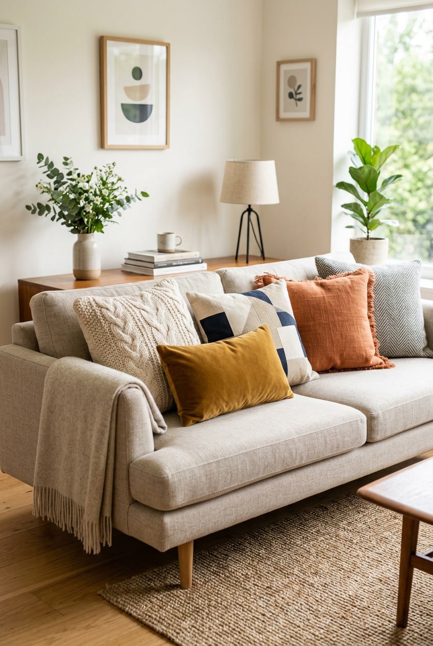 A living room sofa with several decorative throw pillows in different colors and textures, accompanied by a throw blanket and home decor accessories.